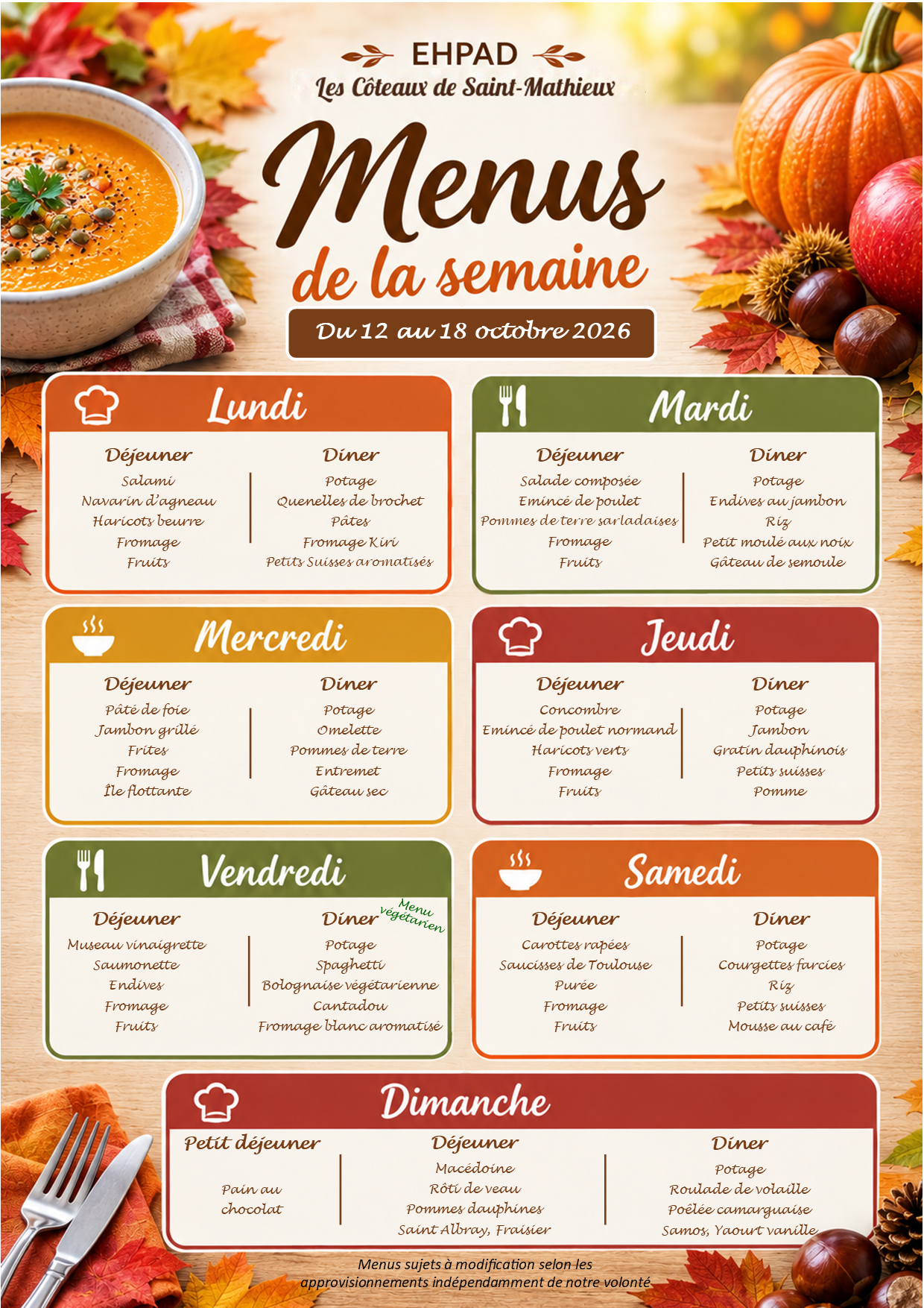 Menus du 12 au 18 octobre 2026